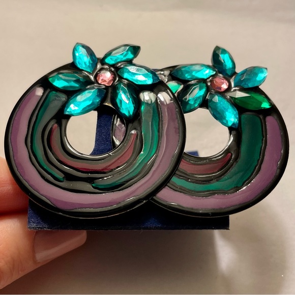 VINTAGE : 80s La Rage Modernist Mixed Materials Pierced Earrings - Picture 3 of 10